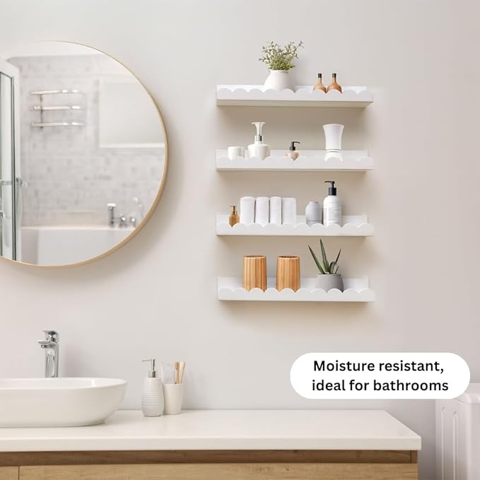 Scalloped Shelves - Set of 4 Pre-Assembled 15.6inch White Floating Nursery Book Shelves, Scalloped Book Shelf - Kids Wall Decor, Nursery Decor, Floating Shelves for Wall