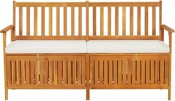 vidaXL Patio Storage Bench 58.3" - Solid Acacia Wood with Cream White Cushion - Versatile Wooden Bench for Indoor and Outdoor Use - with Ample Storage Space