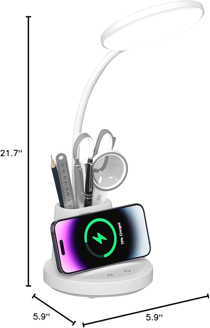 Desk Lamp for Home Office, LED Desk Lamp with Wireless Charger Pen Phone Holder, Dimmable Desk Light 3 Color Modes, College Dorm Study Lamp for College Dorm, CRI 90 800 Lumen