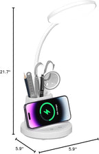 Desk Lamp for Home Office, LED Desk Lamp with Wireless Charger Pen Phone Holder, Dimmable Desk Light 3 Color Modes, College Dorm Study Lamp for College Dorm, CRI 90 800 Lumen