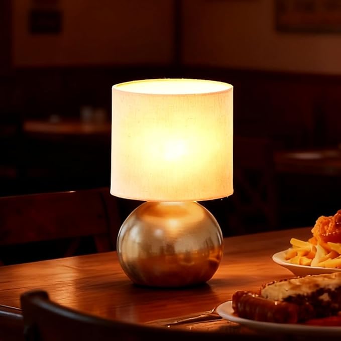 Set of 2 Small Gold Spherical Base Bedside Table Lamp with Textured Linen Shade (Bulb Included)