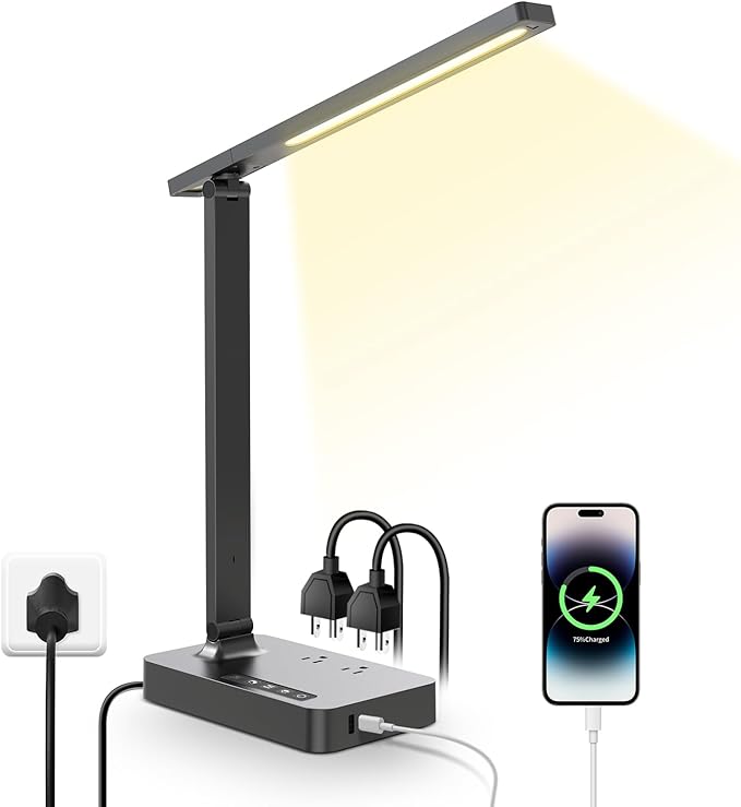 LAOPAO Desk Lamp with USB Charging Port: Power Strip with Surge Protection - 1 Type-C, 1 USB-A Charging Port, 2 AC Power Outlets, Desk Lamps for Home Office College Dorm Room Essentials