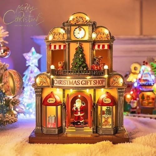 12" Animated Christmas Village House with LED Lights & Music - Spinning Train, Dynamically Moving Santa, Handpainted Resin Shop for Indoor Home Tabletop Decor