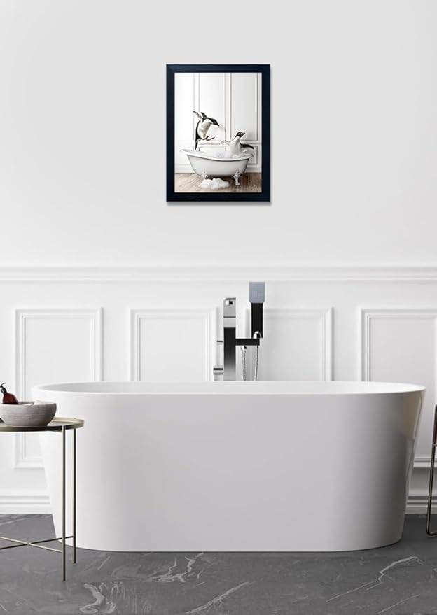 Kids Bathroom Wall Art Framed Black and White Animal Wall Art Cute Penguins in Bathtub Wall Decor Funny Farmhouse Print Pictures Painting for Bathroom