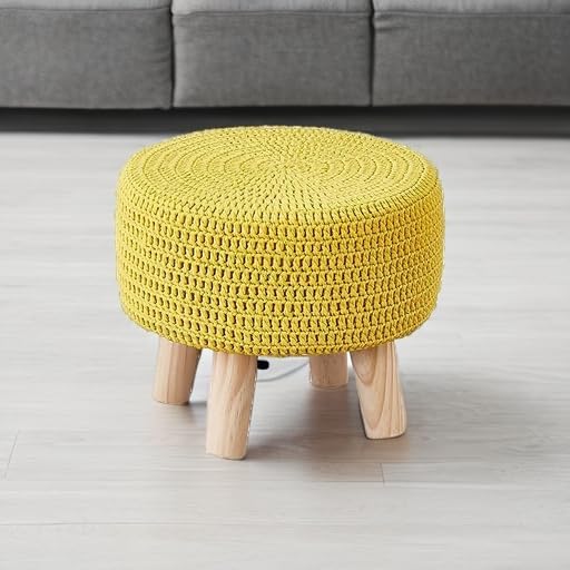 Wimarsbon Small Ottomans, 100% Hand Knitted Pouf, Round Footrest with 4 Non-Skid Wood Legs, Boho Décor Cotton Rope Pouffe Beside Sofa, Leisure Floor Step Chair for Living Room (Yellow)