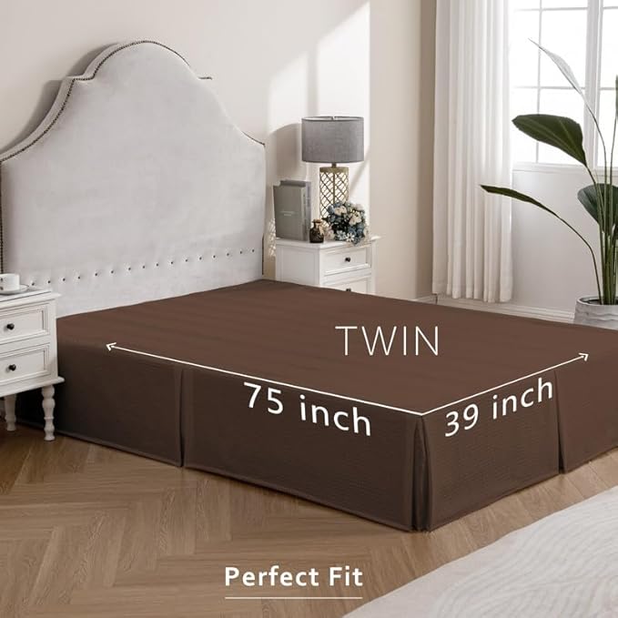 MIYE Pleated Waffle Weave Bed Skirt, Tailored Dust Ruffle 18 Inch Drop Easy Fit, Machine Washable (Brown, Twin - 18" Drop)