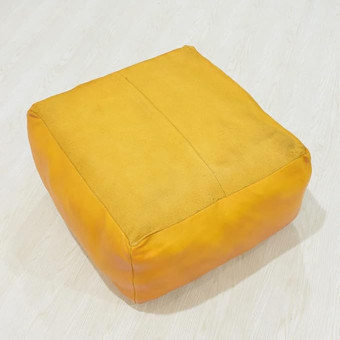 PF12 Square Goat Leather Handmade Eco-Friendly Mustard Pouf - 21" x 21" x 12", Plain Solid, Recycled Foam with Fibre Fill Stuffed