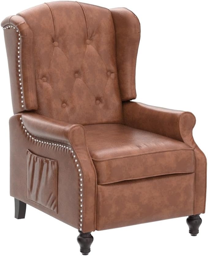 Wingback Recliner Chair with Heat and Massage, PU Leather Push Back Recliner Chair for Living Room, Vintage Wingback Recliner with Remote Control,Padded Cushion,Backrest,Wooden Legs
