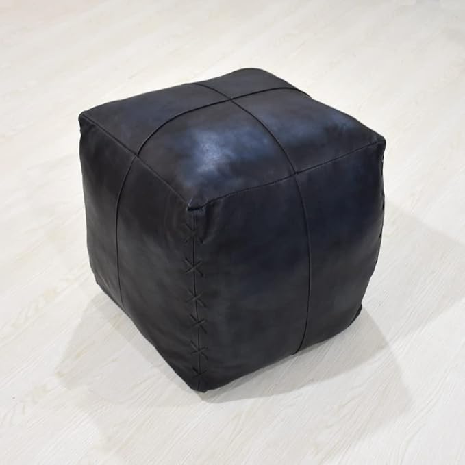 Square Shaped Goat Leather Handmade Eco-Friendly Vintage Blue Pouf - Square Pouf, 18" x 18" x 18", Plain Solid Pouf, Goat Leather Pouf, Recycled Cotton Filled Stuffed Pouf, Seating Pouf PF37