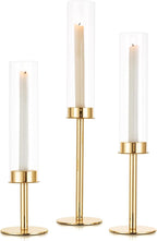 Sziqiqi Hurricane Taper Candle Holders: Wedding Table Centerpiece Set of 3 - Gold Glass Candlestick Holder for for Christmas Mantel Fireplace