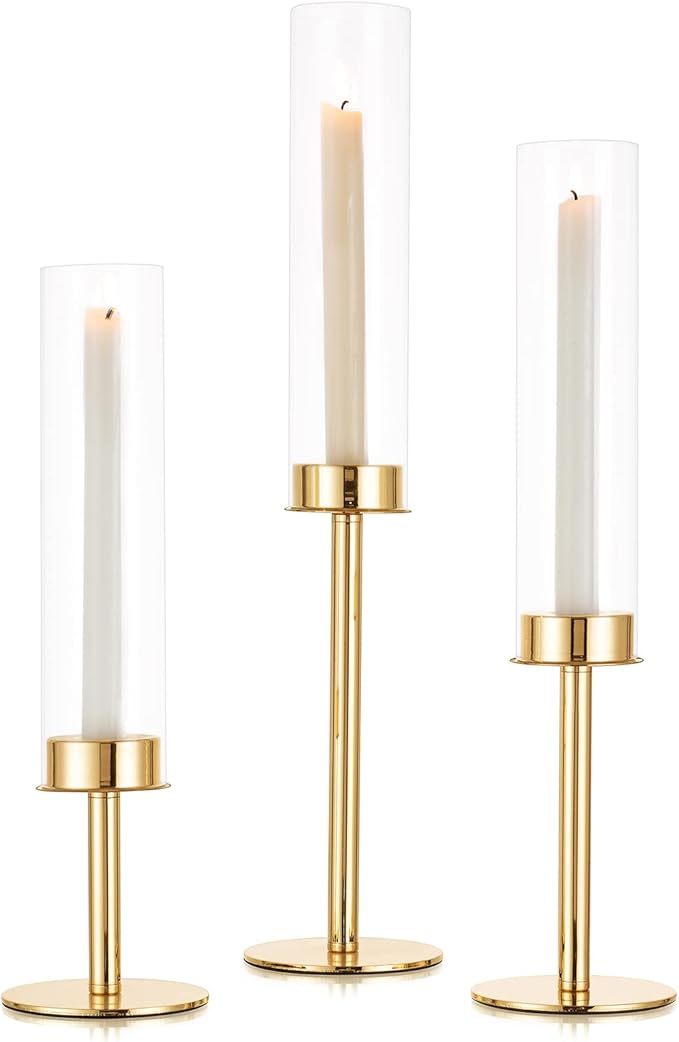 Sziqiqi Hurricane Taper Candle Holders: Wedding Table Centerpiece Set of 3 - Gold Glass Candlestick Holder for for Christmas Mantel Fireplace