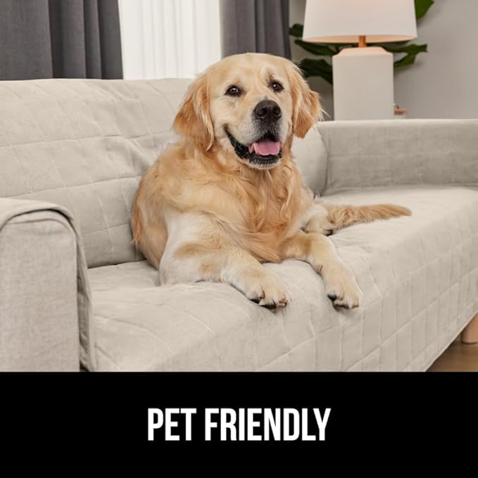 GORILLA GRIP Patented Waterproof Slip-Resistant 70” Sofa Protector Cover, for Leather or Fabric Couch Cushion, Large Microsuede Furniture Covers Dogs Pets Machine Washable Slipcover, Taupe