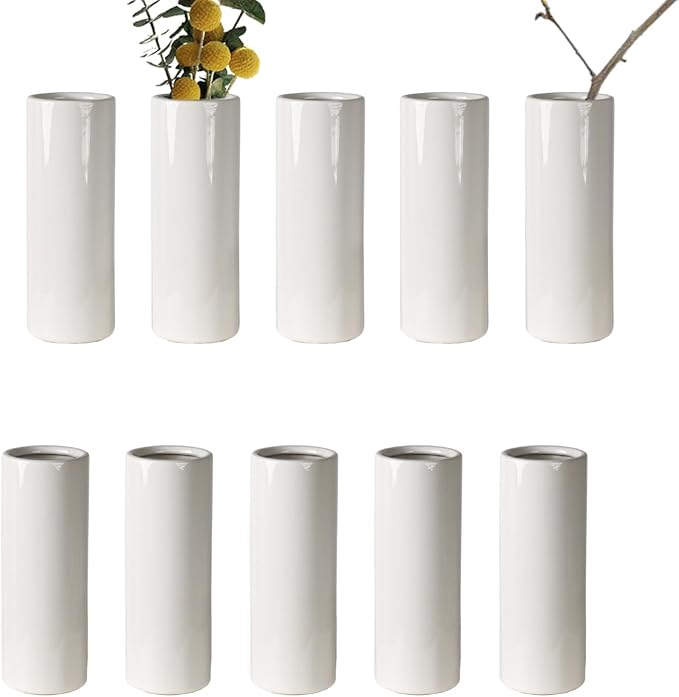 Modern White Ceramic Vase Set of 10 for Living Room Bedroom 7.08'' Minimalist Fresh Small Flower Vases for Bouquet Fake Plant Home Decor Office Fireplace Centerpieces Nordic Style 10 Pack