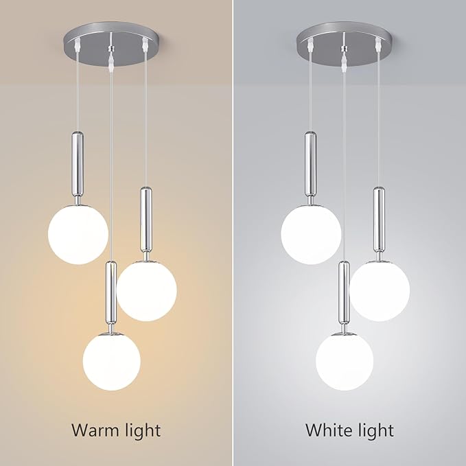 Modern Chrome Pendant Light Hanging Fixture Light for Kitchen Island Mid Century with Globe Pendant Light Milk White Glass Pendant Lighting for Living Room Bedroom Entryway (3 Lights)