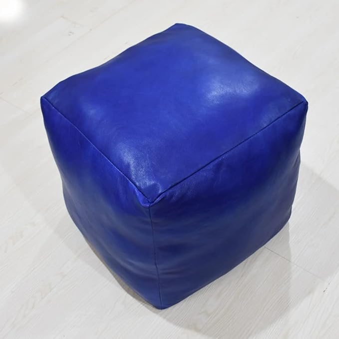 PF12 Square Shaped Goat Leather Handmade Eco-Friendly Blue Pouf - 14" x 14" x 14", Plain Solid, Recycled Cotton Filled