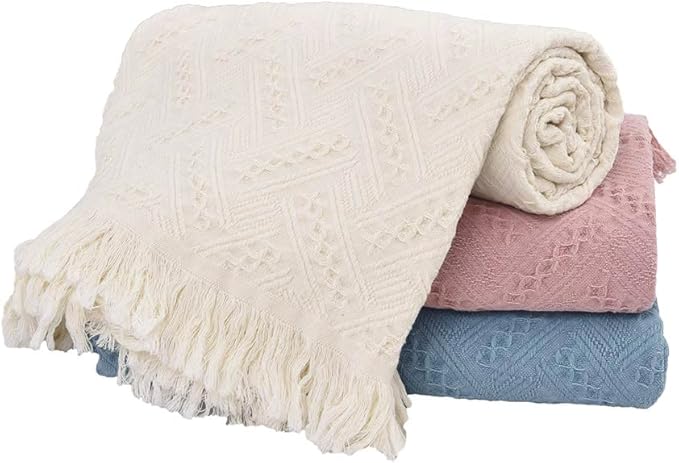 Simple&Opulence 100% Cotton Throw Blanket for Bed, Couch, Boho Luxury Geometric Knit Woven Blanket with Tassels Soft Lightweight Cozy Breathable, Vintage Farmhouse Decoration for All-Season(White)