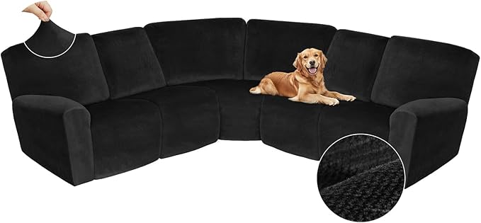 Arfntevss Sectional Recliner Couch Covers Velvet Corner Sectional Sofa Cover for Reclining Couch Stretch Soft L Shape Recliner Slipcover Thick U Shaped Washable Protector (5 Seat Cover, Black)