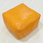 PF12 Square Goat Leather Handmade Eco-Friendly Mustard Pouf - 21" x 21" x 12", Plain Solid, Recycled Foam with Fibre Fill Stuffed