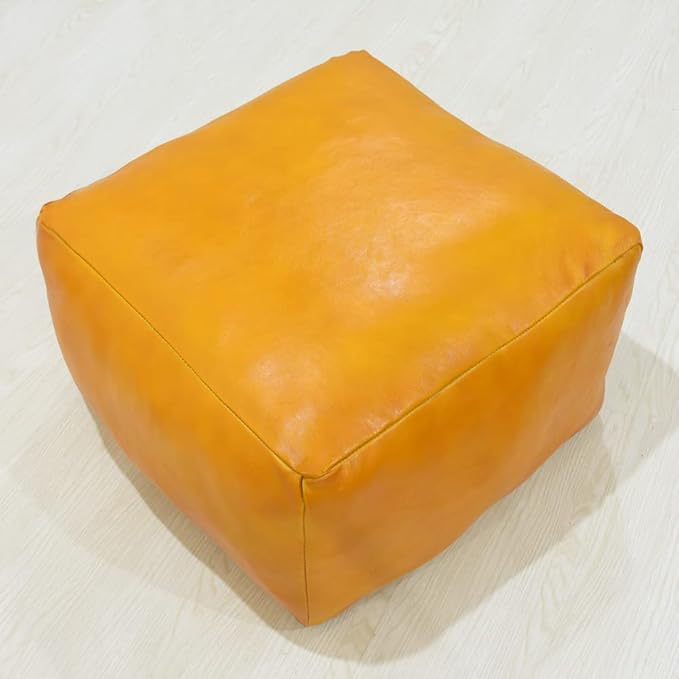PF12 Square Goat Leather Handmade Eco-Friendly Mustard Pouf - 21" x 21" x 12", Plain Solid, Recycled Foam with Fibre Fill Stuffed