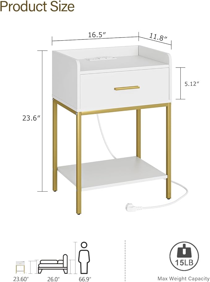 Masupu Nightstand with Charging Station,3-Tier Modern Bedside Night Stand with Storage Drawer and Shelf,Small End Side Table for Bedroom,Living Room,White