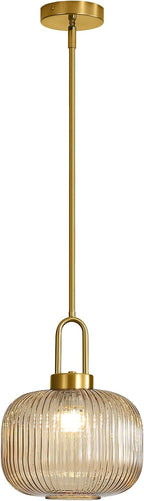 Modern Amber Glass Pendant Light Fixtures, Mid Century Pendant Lights for Kitchen Island, 9.8" Gold Adjustable Height Ceiling Hanging Light Fixtures for Dining Room Entryway Bedroom Foyer Hallway