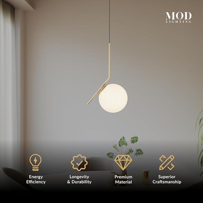 𝗠𝗢𝗗 𝗟𝗜𝗚𝗛𝗧𝗜𝗡𝗚 Jewels & Pearls | Modern Gold Pendant Light Fixtures, Hanging Globe Pendant Lights for Kitchen Island Lighting, Dimmable LED Bulb Included, 1 Pack (Gold | Warm White | L-Shape)