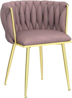 Nrizc Woven Dining Chairs Set of 4, Velvet Upholstered Dining Chairs with Gold Metal Legs, Modern Accent Chairs for Living Room, Dining Room, Kitchen (Pink)
