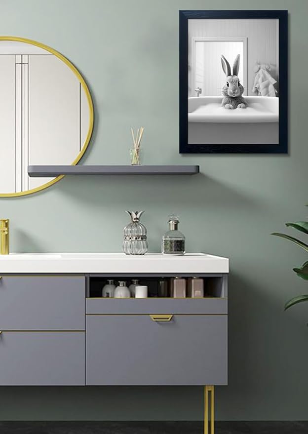 Funny Kids Bathroom Wall Decor, Black and White Cute Animal Canvas Wall Art, Black Framed Rabbit in Bathtub Farmhouse Picture Wall Decor Print Artworks for Bathroom