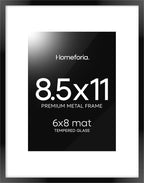 Homeforia Black Picture Frame 8.5 x 11, High End Metal 8.5x11 Poster Frames with Mat 6x8 Photo, 8.5 x 11 Frame Matted to 6 by 8 Art, 8.5by11 Wall or Tabletop Frames, Tempered Glass, Wall Kit, Set of 1