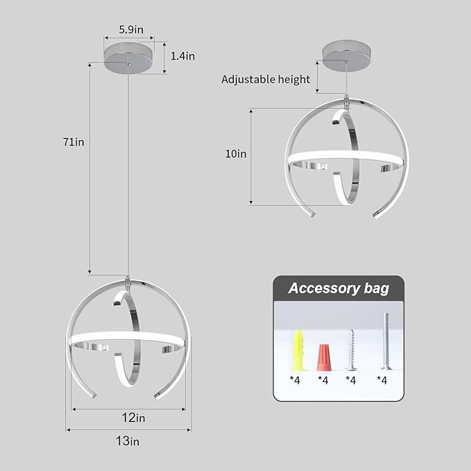 Chrome Modern LED Pendant Light, Silver Dimmable Metal Globe Chandelier, Hanging Ceiling Light Fixture for Room Dining Bedroom Living Room Kitchen Island Hallway Entryway Foyer 13 Inch