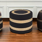 Wimarsbon 18'' Ottoman Pouf, Natural Braided Poof, Rustic Handweave Lounge Pouffe, Boho Footrest Stool for Bedroom, Accent Table or Seat for Living Room (Natural Water Hyacinth + Black Cotton Rope)