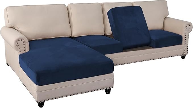 PrinceDeco Sectional Couch Covers 4 Pieces Couch Covers for Sofa Velvet Separate Couch Cover L Shape for Left/Right Chaise(3 Seater + 1 Chaise,Navy)