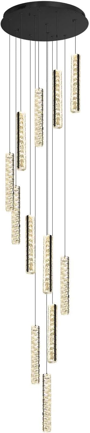 Long Spiral Crystal Chandelier Lighting for Foyer 12-Light Black Staircase Chandelier High Ceiling Slopped LED Dimmable 2700K-6000K