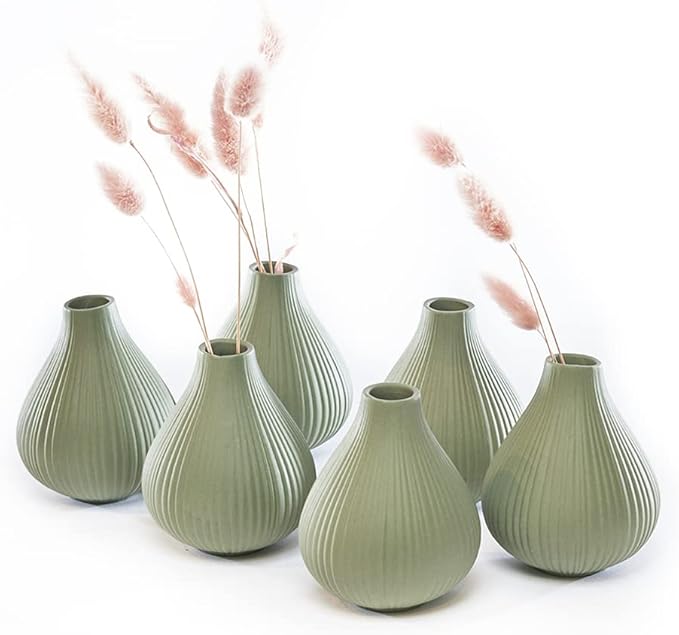 Chive ‘Frost’ Ceramic Flower Vase — Set of 6 Beautiful Small Bud Vases for Flowers & House Plants — Perfect Shelf Centerpieces and Living Room Decor — Olive Green