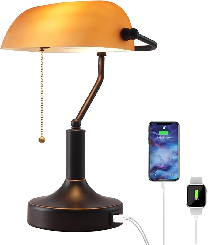 Vintage Bankers Desk Lamp with Pull Chain Switch, Traditional Desk Lamp with USB A and Type C Charging Port, Oil Rubbed Bronze Table Lamp with Amber Glass Shade for Office, Library, Study Room