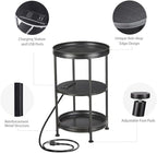 Dulcii Round Side Table with Charging Station, 24'' End Table with 3 Shelves for Living Room, Bedroom Nightstand with Steel Frame for Small Spaces, Industrial Round Sofa Table (USB+Black)