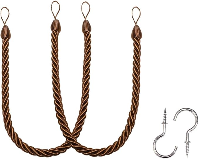 BEL AVENIR Curtain Ropes Tiebacks Tie-Backs, Curtain Handmade Holdbacks with 2 Metal Screw Hooks (Coffee, 2pack)
