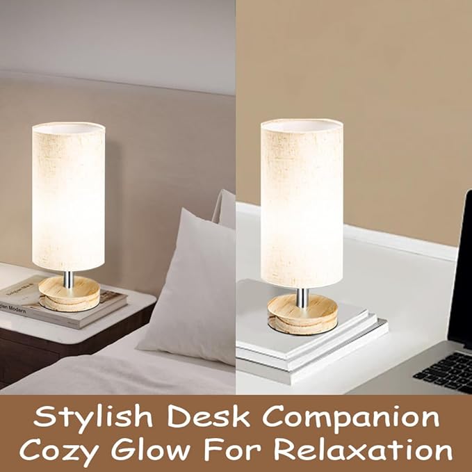 Bedside Table Lamps, Table Lamp for Bedroom, Lamps for Night Stands with Linen Lampshades, Small Table Lamp for Living Room, Office (Bulb Excluded) (Wood)