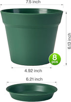 homenote Plant Pots,7.5 Inch Flower Pots for Plants Plastic Planters for Indoor with Multiple Drainage Holes and Trays, for All Home Garden Flowers Succulents,Outdoor(Green,8 Pack)
