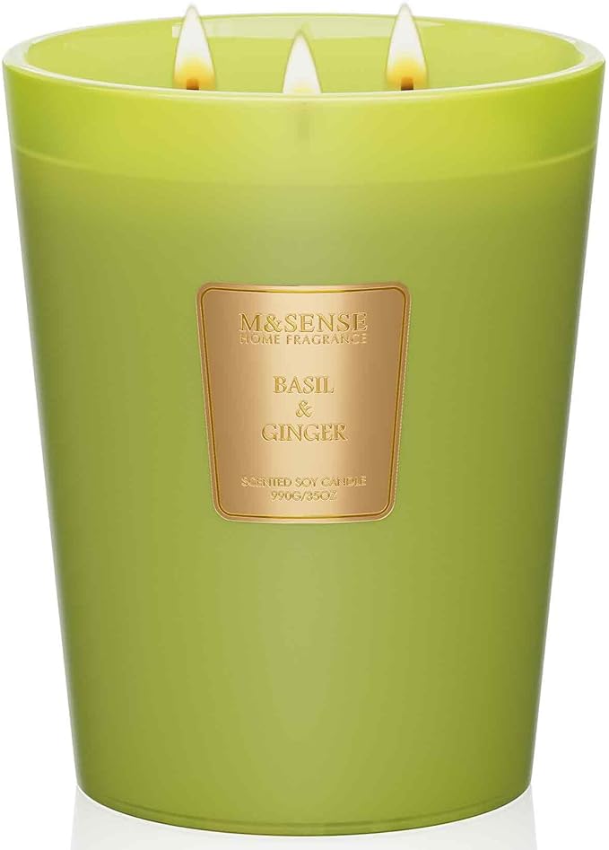 M&SENSE Basil Ginger Scented Candle 35oz 150H Burn Time Long Lasting, 3-Wick Natural Aromatherapy Candle Highly Scented, Home Fragrance Housewarming Gifts
