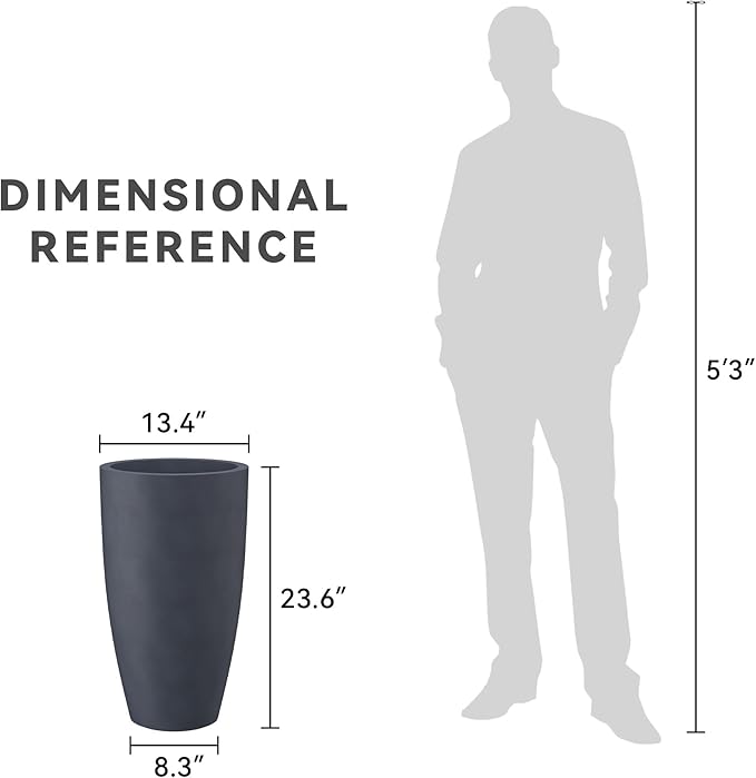 Kante 23.6" H Charcoal Finish Concrete Tall Planters Large Outdoor Indoor Decorative Plant Pots with Drainage Hole and Rubber Plug, Modern Tapered Style for Home and Garden