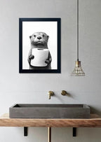 Black and White Bathroom Wall Art, Funny Bathroom Wall Decor, Toilet Paper in Raccoon's Hand Art Decor, Framed Animal Painting for Wall