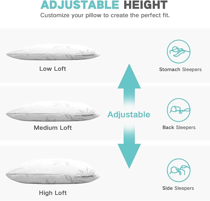 JJDANFILL Rayon Derived from Bamboo Pillow Queen Size Set of 2 - Machine Washable Bed Pillows for Sleeping for Back, Stomach and Side Sleeper - Firm Shredded Memory Foam Pillows 20 * 30in