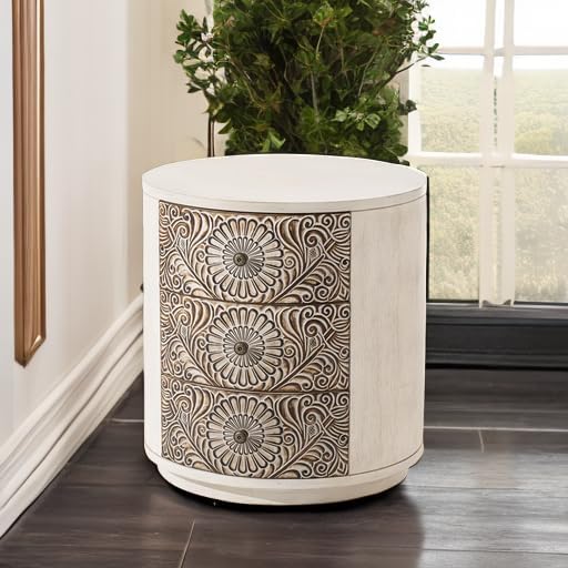 HOMPUS Round End Table with Carved Floral Pattern, Vintage Nightstand w 3 Storage Drawers, Modern 3 Drawer Dresser, Wood Retro Accent End Table for Living Room, Bedroom, Distress White