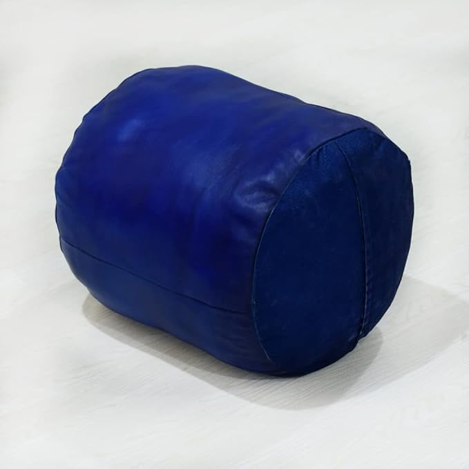 Round Shaped Goat Leather Handmade Eco-Friendly Blue Pouf - 16" x 16" x 16", Plain Solid, Recycled Foam With Fibre Fill Stuffed, Leather Seating PF12