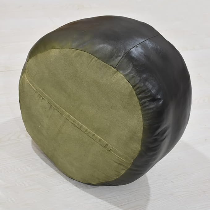 PF12 Goat Leather Handmade Eco-Friendly Green Pouf - Round Shape, 14" x 14" x 14", Plain Solid, Recycled Cotton Filled