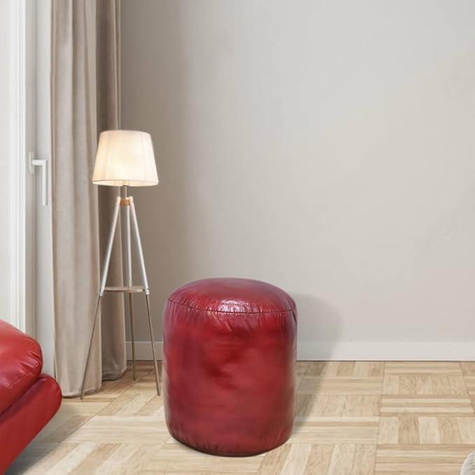 Round Shaped Goat Leather Handmade Eco-Friendly Dark Pink Pouf - Round Pouf, 14" x 14"x 14", Plain Solid Pouf, Goat Leather Pouf, Recycled Foam with Fibre Fill Stuffed Pouf, Leather Pouf PF12