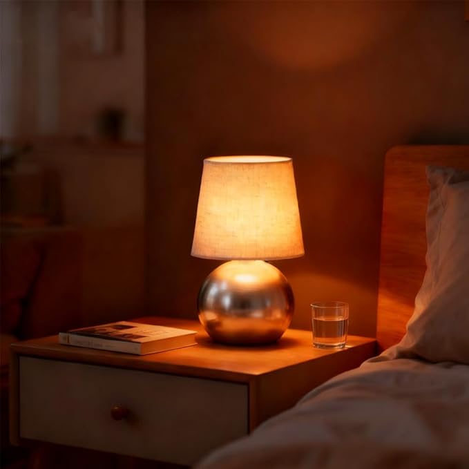 Set of 2 Small Silver Spherical Base Bedside Table Lamp with Textured Linen Shade (Bulb Included)