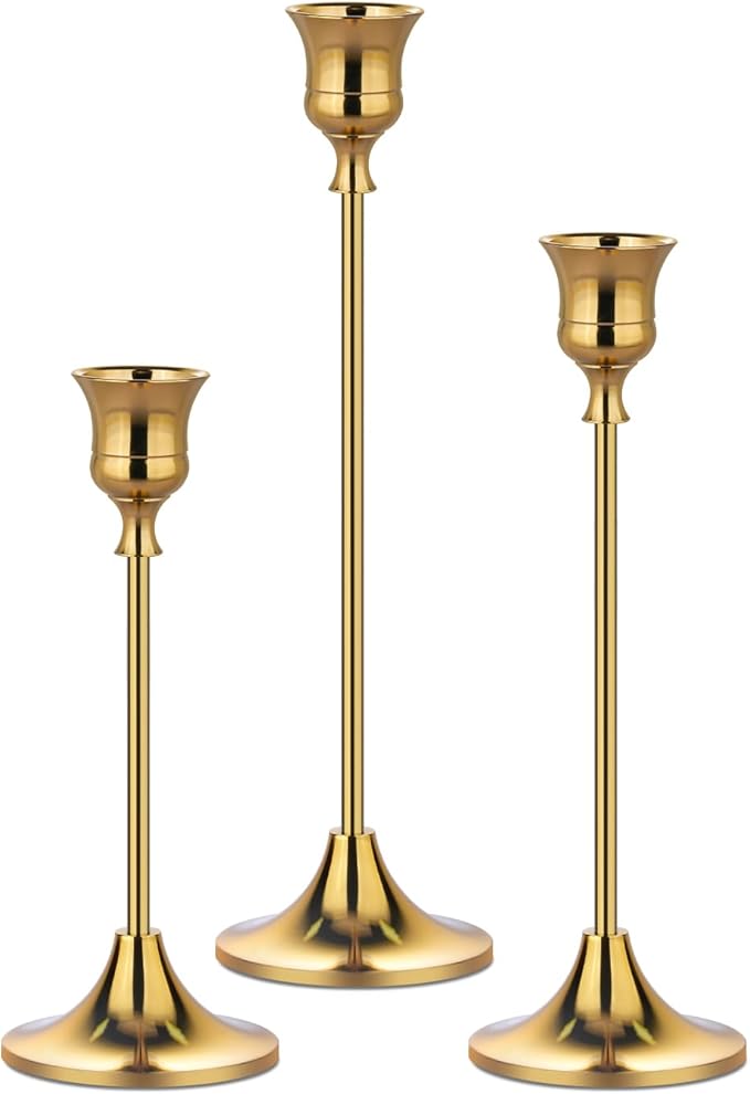 Metal Candle Holders for Candlesticks Taper Candlestick Holders Set Vintage Decorative Centerpiece Candelabra Tall Candle Stands for Halloween Thanksgiving Christmas (Gold, 1 Set (3 pcs))