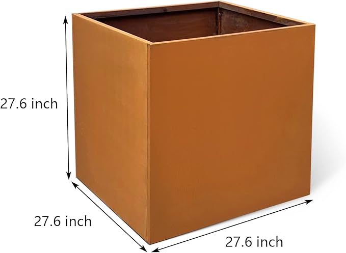 Corten Steel Planter Metal Square Planter Tall Cube Rustic Steel Planters 27.6 Inch Durable Antique Detached for Outdoor Commercial Residential Garden Patio Deck and Backyard